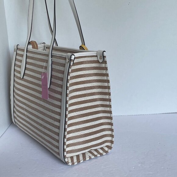 Kate Spade Market Stripe Medium Tote Beige Stripe Canvas Zip Shoulder Bag - Picture 8 of 10